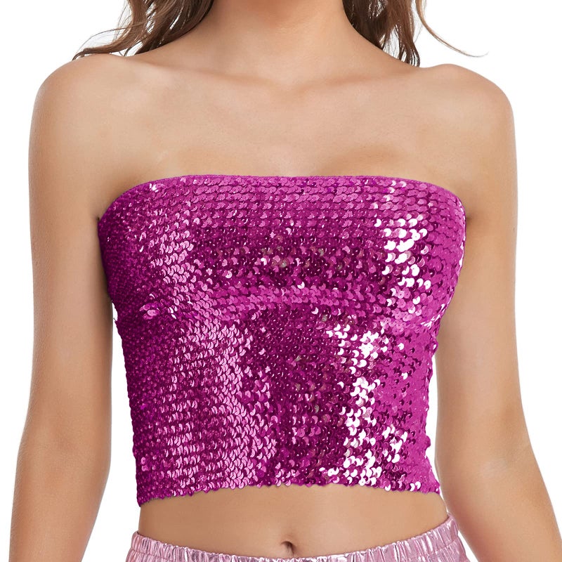 Fenyong Womens Sparkly Sequin Mermaid Crop Tops, Strapless Metallic Tube Tops for Party Clubwear(Hot Pink) - Image 1
